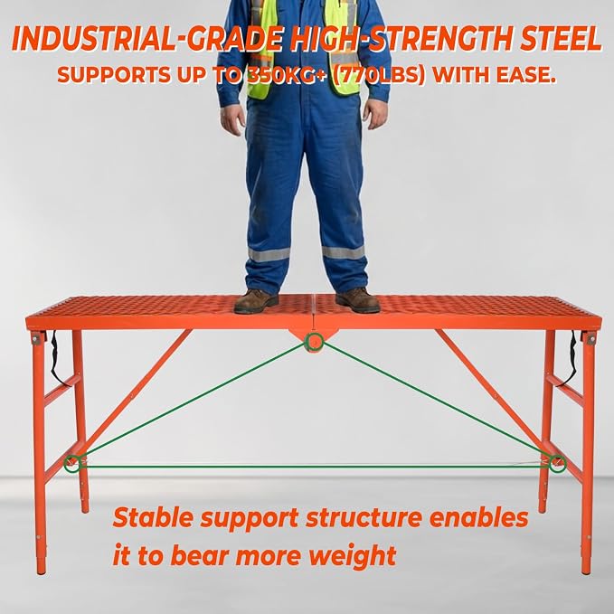 70" Folding Scaffolding Platform, 770lbs Heavy Duty Portable Work Platform with Adjustable Legs for Stairs & Uneven Ground, Multi-Purpose Scaffold Ladder, Welding Table, Red