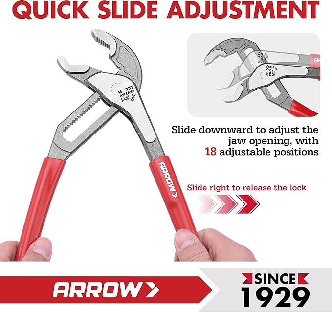 ARROW 12-Inch Water Pump Pliers, Quick Adjust Groove Joint Pliers with 18 Positions, V-Jaw Tongue and Groove Plier with Dipped handle, Heat-Treated CR-V Steel for Plumbing, Auto & Home Repair
