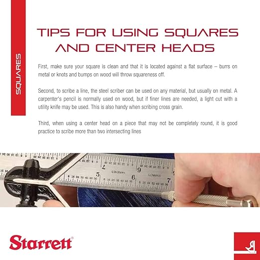 Starrett Steel Combination Square with Square Head - 12" Blade Length, Forged and Hardened Steel Heads, Reversible Lock Bolt, Scriber, 16R Graduation Type - C33H-12-16R