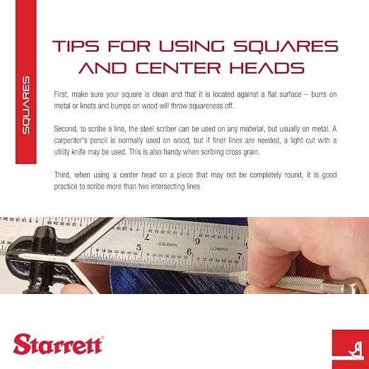 Starrett Steel Combination Square with Square Head - 4" Blade Length, Cast Iron Heads, Hardened Steel, Reversible Lock Bolt, 4R Graduation Type - 11H-4-4R