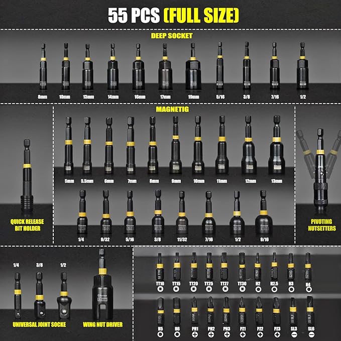 Facoow 55PCS Impact Nut Driver Set Magnetic, SAE&Metric Nut Drivers, Deep Impact Nut Drivers, Impact Socket Adapters, Wing Nut Driver, Power Bit,Quick Release Extension, Pivoting Nutsetter,Storage Box