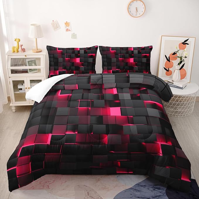Nttopship Geometric Pink Black Comforter Set,Light Honeycomb 3 Piece Bedding Set Twin Size for Teen Boys,Modern Quilt Set Geometry Decor,Microfiber Lightweight 1 Comforter 2 Pillowcases All Season