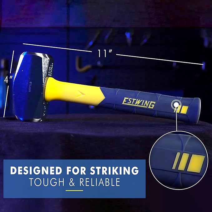 ESTWING Sure Strike Drilling/Crack Hammer - 3-Pound USA Made Sledge with Fiberglass Handle & No-Slip Cushion Grip - MRF3LB