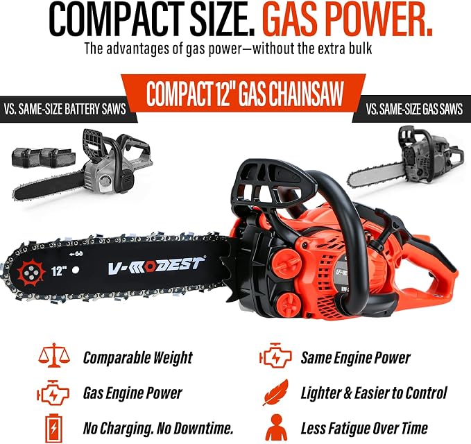 12 inch Gas Chainsaw, 25cc Lightweight Rear Handle Chainsaw | 2-stroke small gas chainsaw with auto oiler and side-access tensioner for tree pruning, branch trimming and yard cleanup