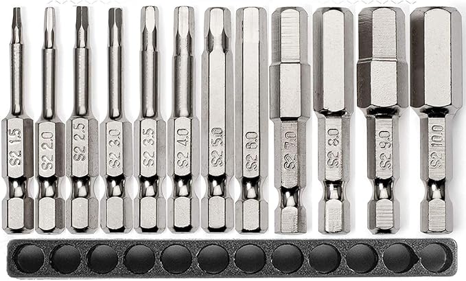 Metric Allen Wrench Drill Bit Set - Premium 12pc Complete SAE Set w/Storage Case and Bit Holder - 1.5mm - 10mm 1/4in Hex Shank Magnetic Bit Set - The GIFD Collection S2 Steel Long 2in drive heads