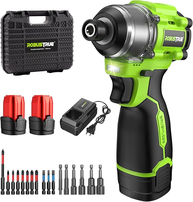 Robustrue 16.8V Max Brushless Impact Driver Kit, 1416 In-lbs Torque, 1/4" Hex Cordless Impact Drill with 2x 2000mAh Batteries, 4100 Max BPM, Power Tool Set for Home Improvement, DIY & Light Automotive