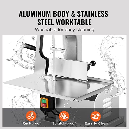 VEVOR Electric Meat Saw, 850W Stainless Vertical Cutter, 19.1"x15" Workbench, 7.09" Cutting Thickness, Includes 5 Blades for Slicing Frozen Meat, Pork, Beef, and Ribs