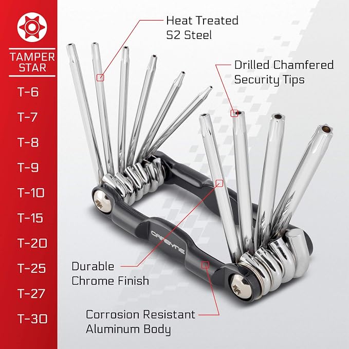 Carbyne Folding Tamper Proof Torx Wrench Set, 10-Piece, T6 to T30 | Heat Treated S2 Steel, Security Tips