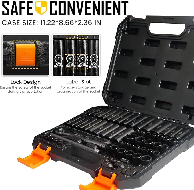 BOEN 1/4" Drive Impact Socket Set, 60-Piece Standard SAE (5/32"-9/16") & Metric (4-15mm), Cr-Mo Deep & Shallow Kit, Includes Ratchet Handle,E-torx sockets, Reducer, Extension Bar, Universal Joint