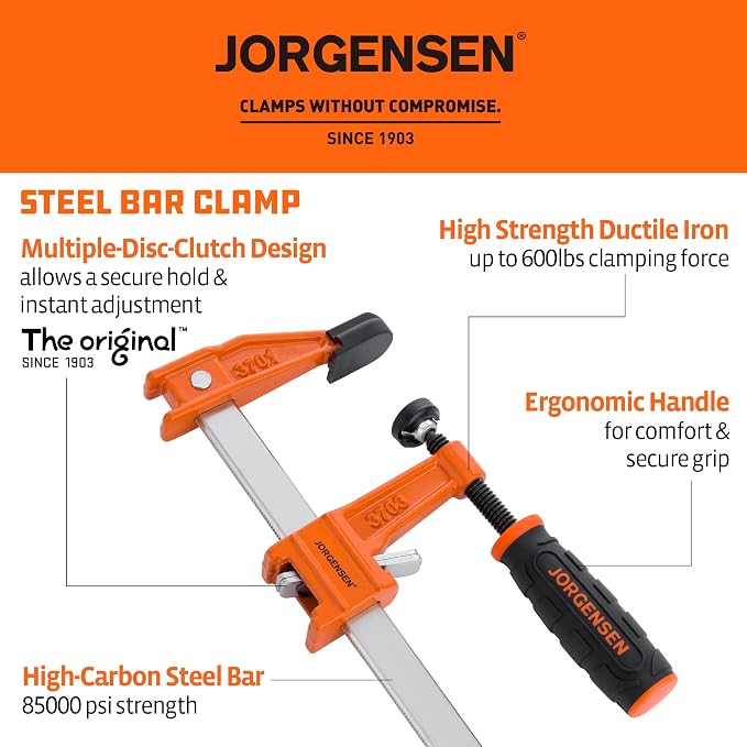 Jorgensen 18-Inch Bar Clamp Set, Medium Duty Steel Bar Clamps for Woodworking, Wood Clamps with 600 lbs Load Limit, 2-Pack