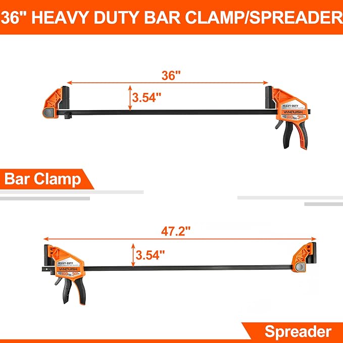 VANQUISH 36" One Hand Clamp/Spreader, 600Lbs Clamping Force, 3.4in. Throat Depth Heavy Duty Quick Release Bar Clamps, Tools & Equipment for Woodworking, Carpentry, Home Improvement, DIY