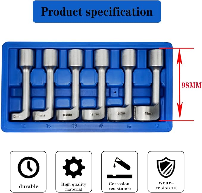 6PCS 1/2" Dr. L-Type Common Rail Injection Fuel Line Nut Socket Set | 12 14 16 17 18 19mm, 12 Point Open Socket Wrench Kit, Diesel Engine Temperature Removal, Exhaust Gas Temp Sensor Extractor