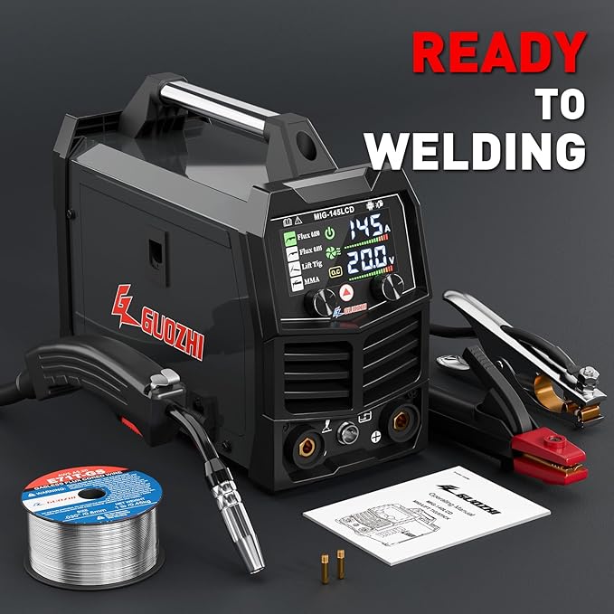 GZ GUOZHI 145A MIG Welder, 3 in 1 Welders FLUX MIG/Lift TIG/ARC Multi-Process Welder, 110V Welding Machine, ‌Flux Core Welder with upgrade Large LCD Screen