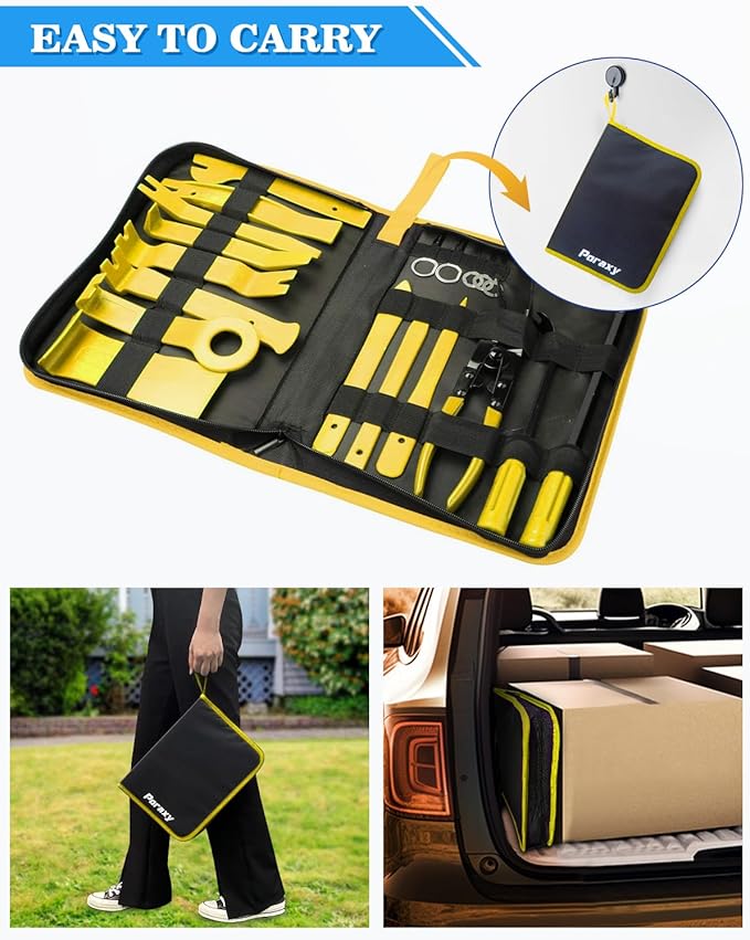 Poraxy 19Pcs Trim Removal Tool,Car Panel Door Audio Trim Removal Tool Kit, Auto Clip Pliers Fastener Remover Pry Tool Set with Storage Bag