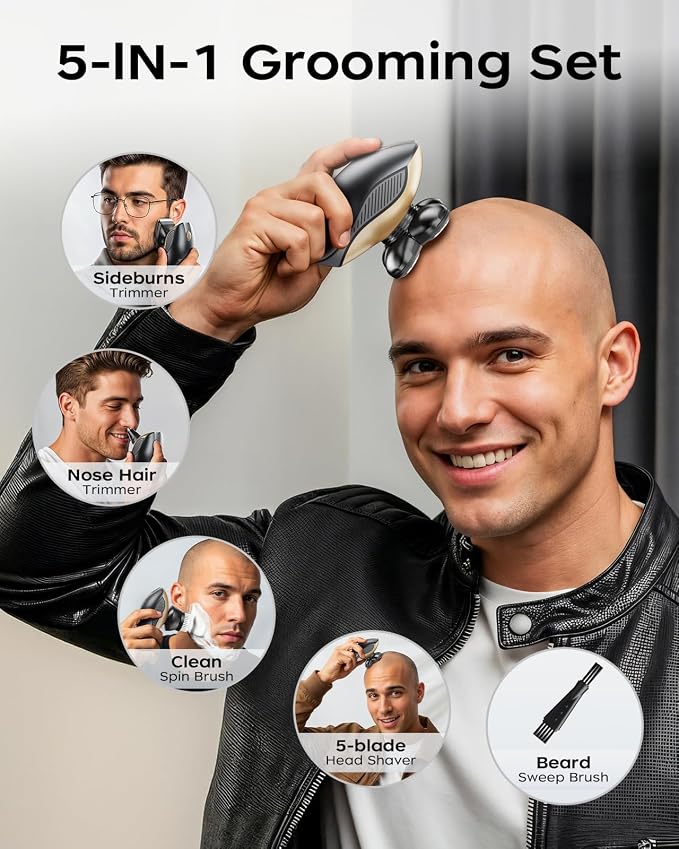 Head Shavers for Bald Men, Body Shavers for Men, Cordless Rechargeable Wet/Dry Bald Head & Groin Waterproof Electric Razor with Rotary Blades, Beard Trimmer, Clippers, Nose Trimmer, Brush