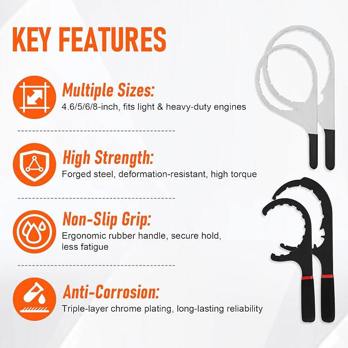 4-Piece Fuel Filter Wrench Set - 4.6/5/6/8 Inch | High Carbon Steel Heavy-Duty Tools for Diesel Fuel Filter Removal, Fits Detroit, Navistar, Peterbilt & Cummins Diesels
