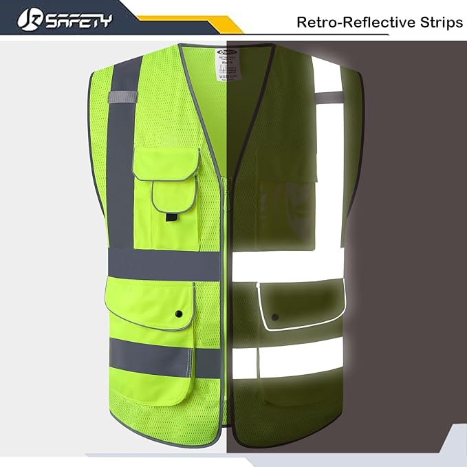 JKSafety 9 Pockets High Visibility Safety Vest for Men and Women, Hi-Vis Reflective Yellow Safety Vests with Zipper Front, Meet ANSI/ISEA Class 2 Type R(159-Yellow L)