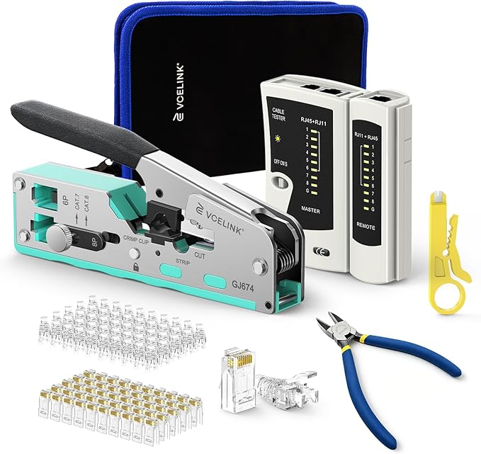 VCELINK RJ45 Crimp Tool Kit for CAT7/6A/6/5E/5, Upgraded Network Tool Set with an Ethernet Crimper, 50 RJ45 Connectors & Boots, Cable Tester, Wire Stripper and Cutter in a Cloth Bag, Green