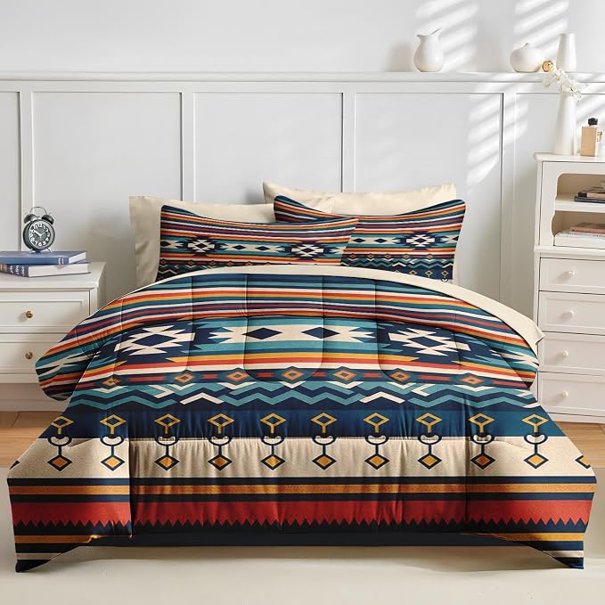Nesker Comforter Set King Size, Southwest Aztec Geometric 7 Pcs Bedding for Kids and Adults, Bohemian Vintage Bed Sheet Sets with Fitted Sheet 2 Pillowcases & 2 Shams