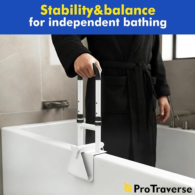Adjustable Bathtub Safety Rail,Bathroom Grab Bar for Elderly&Seniors,Fall Prevention Assist Handle with Tool-Free Stallation,Knob-Clamp Design,250lbs Capacity,White
