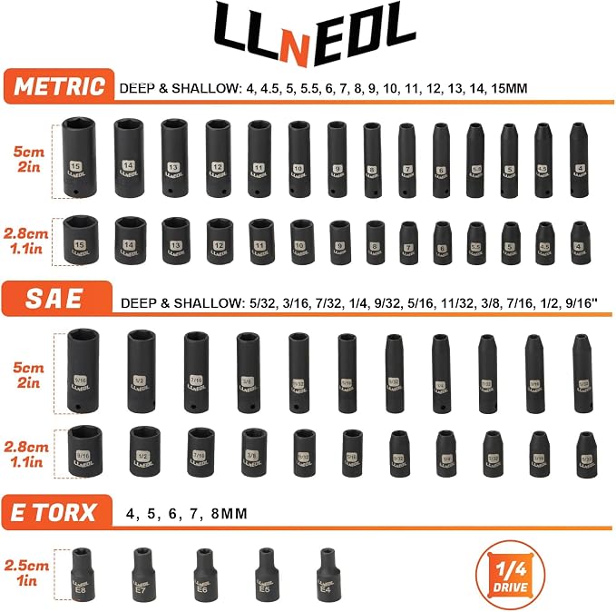 LLNEDL 1/4 Inch Drive Impact Socket Set, 83Pcs Socket Wrench Set Metric & SAE from 4-15mm, 5/32-9/16", 6 Point CR-V Deep & Shallow Sockets Kit with 72T Ratchet Handle, E Torx, for Automotive & Home