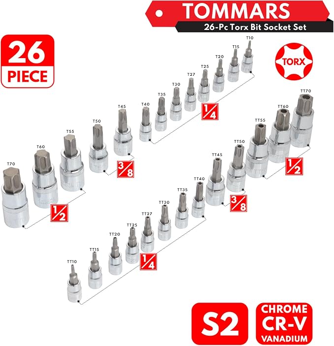 TOMMARS 26-PC Torx Socket Set, Torx Star Tamper Proof Security Bit | T10-T70 & TT10-TT70,1/4", 3/8", 1/2" Drive, S2 Steel Bits, CRV Sockets