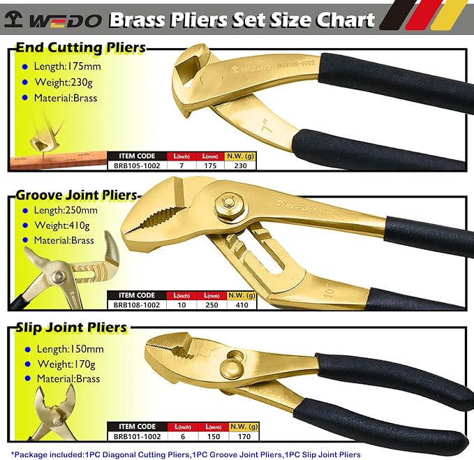 WEDO Brass Pliers Set with Non-Slip Handle - 10" Groove Joint, 6" Slip Joint, 7" End Cutting Pliers