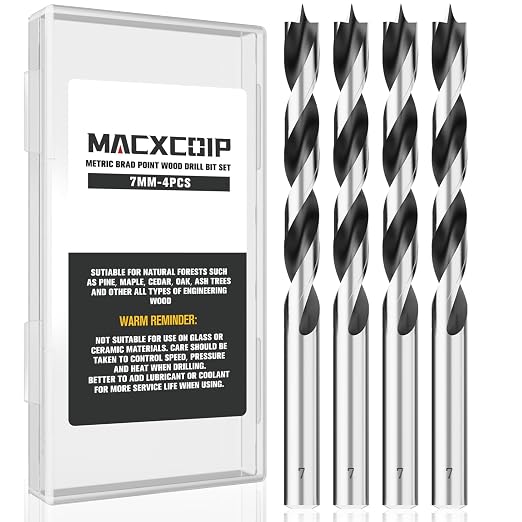 Brad Point Wood Drill Bit Set, 4Pcs 7MM Metric Drill Bit Set with Double Flutes Design for Carpenter Woodworking and All Types of Wood