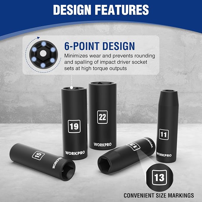 WORKPRO 20-Piece 1/2＂ Drive Deep Impact Socket Set, Metric | 6-Point, Cr-V Steel, 10-27mm, Universal Joint, Adapter and Extension Bar, Automotive Repair, Garage Tools
