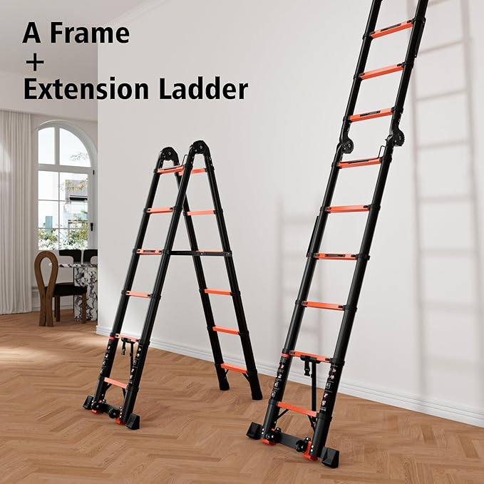 SINMEIRUN Telescoping Ladder, 16.5 FT, A Frame, Aluminum Extension Ladder, 330 lbs Capacity, Collapsible Multi-Purpose Ladder for Home, Roof and RV; Orange