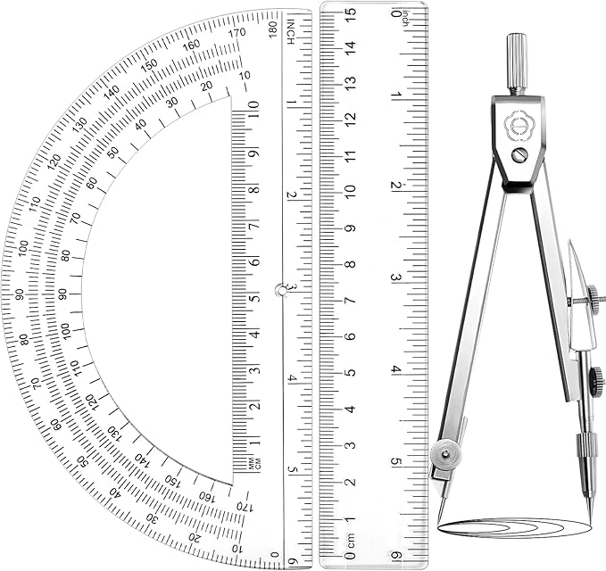 Zonon 3 Pcs Plastic Ruler 6 Inch Protractor Drawing Compass Set, Student Geometry Math Transparent Measuring Tools for Home School Classroom Office Supplies(6 Inch,Clear)