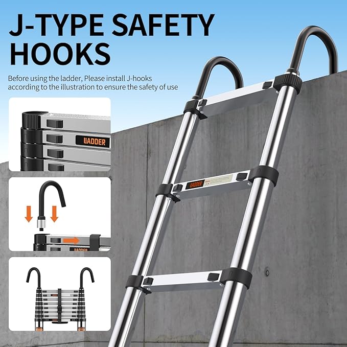 Telescoping Ladder,with Stable Hook and stabilizer barand,Extension Ladder, Heavy Duty 330lbs Max Capacity, Multi-Purpose Collapsible Ladder for RV or Outdoor Work(14.5FT/4.4M)