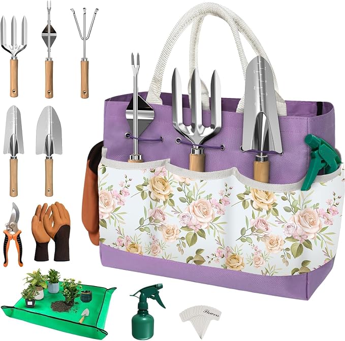 22Pcs Gardening Tools Set for Women Heavy Duty Garden Hand Tool Kit,Gifts for Mothers Day Mom Beginner Gardening Accessories with Large Tote Bag/Shovel/Repotting Mat/Plant Labels/Gloves-Purple