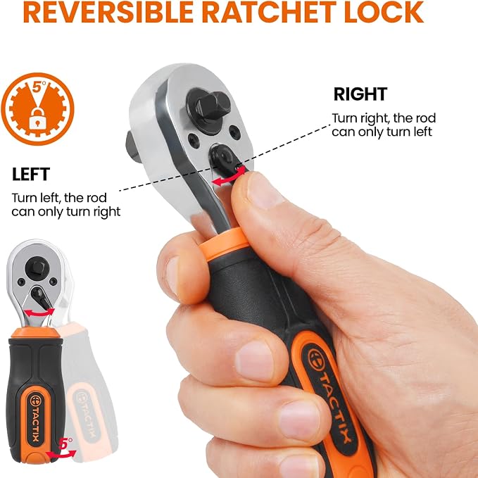Tactix 55-Piece Stubby Socket Wrench Set, Ratchet Screwdriver & Quick-Release Socket Wrench, Adjustable, 1/4'' & 3/8'' Socket, Bits, CR-V Metric, Garage Repair, Home Use, with Portable Hard Case