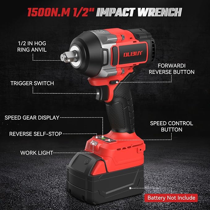 OLIBUY Cordless Impact Wrench for Mwkee M-18 Battery, 1106Ft-lbs (1500N.m) 1/2 Electric Impact Driver, 3 Speed High Torque Impact Gun with 6 Sockets, Impact Wrench for Car Home Mower (No Battery)