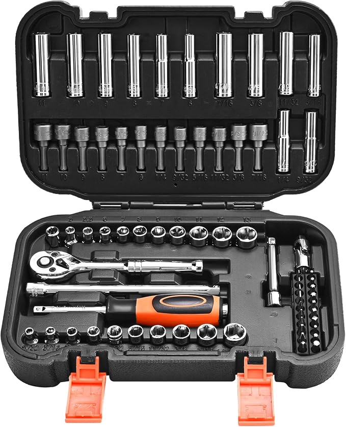 VEVOR Socket Set, 70 Pieces, 1/4 inch Drive Socket and Ratchet Set, SAE and Metric, Deep and Shallow, Mechanic Tool Kit with Bits, Accessories and Storage Case, CR-V Alloy Steel, for Automotive Repair | Mechanic Tool Set with Bits, Accessories and Stor...