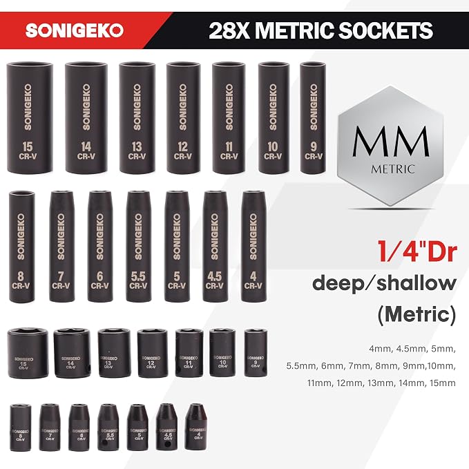 55-Piece 1/4" Drive Impact Socket Set Metric/SAE(5/32"-9/16", 4-15mm) | 6-Point CR-V steel deep & standard .Includes 2",4",6" Extension Bars, Universal Joint & Adapter,Ratchet Handle