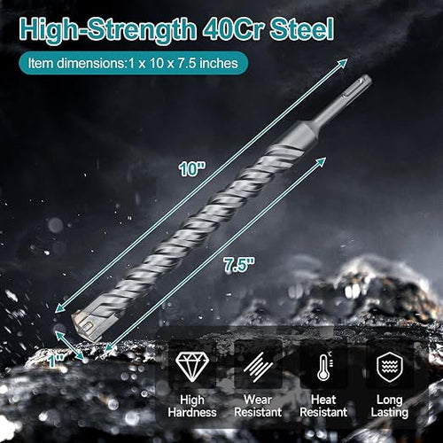 1 Inch x 10 Inch SDS Plus Rotary Hammer Drill Bit, Cross Tip Double Threaded Carbide Tipped for Concrete, Brick, and Stone (1" x 7.5" x 10")