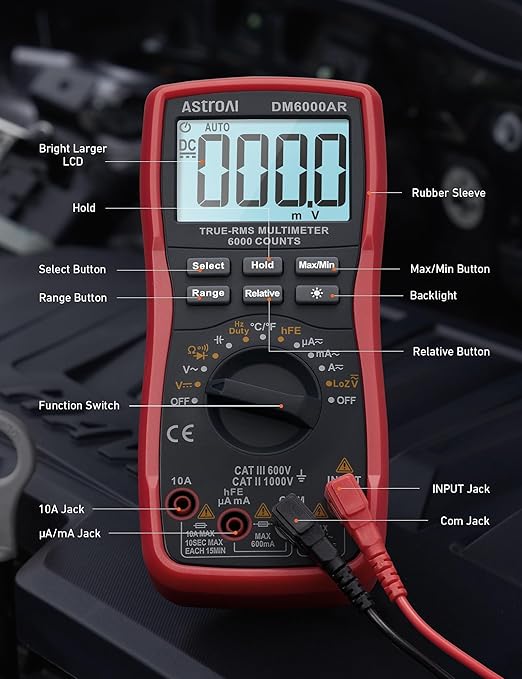 AstroAI Digital Multimeter TRMS 6000 Counts Volt Meter Ohmmeter Auto-Ranging Tester; Accurately Measures Voltage Current Resistance Diodes Continuity Duty-Cycle Capacitance Temperature, Black