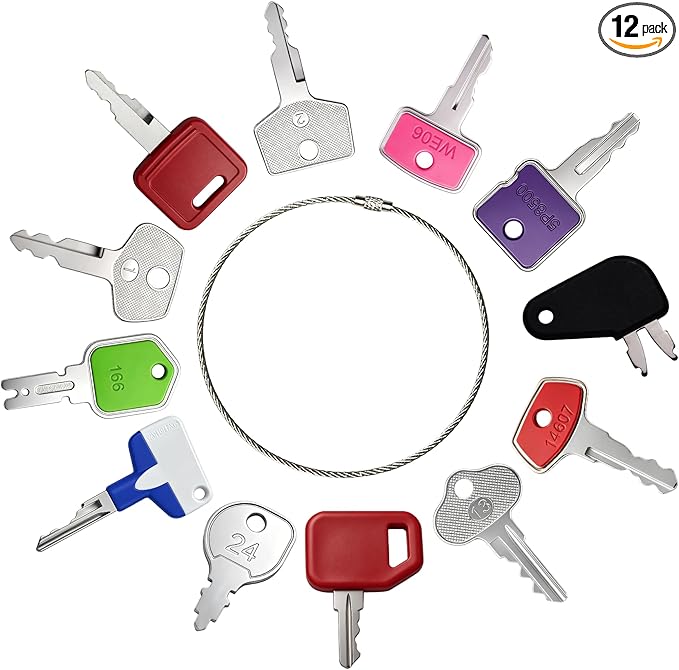 12PCS Heavy Equipment Keys Master Set, Construction & Agricultural Machinery Spare Parts Fit for JCB CAT Takeuchi Indak Hyster Hitachi Excavators Forklifts Tractors Backhoes