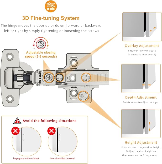 Chibery 20 Pack Frameless Inset Soft Close Concealed European Hinges, Self Closing Satin Nickel, 105 ° Open Angle 4D Adjustment, Speed Control, Clip On, Stainless Steel for Cabinet Door