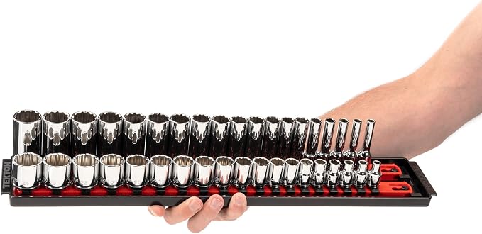 TEKTON 3/8 Inch Drive 12-Point Socket Set, 68-Piece | SHD91221 | (1/4 - 1 in., 6 - 24 mm), Shallow and Deep, Socket Rail