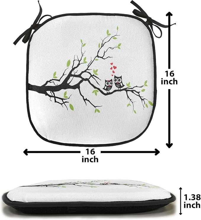 Lunarable Owls Chair Cushion Pads Set 12, Owls in Love Sitting on a Branch Leaf Leaves Hearts Romance Themed Art, Anti-Slip Seat Padding for Kitchen & Patio, 16"x16", Apple Green Red Black