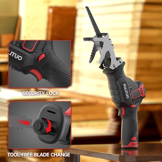 PULITUO Cordless Reciprocating Saw, Speed 3000SPM，with Clamping Jaw, 2000 mAh Battery/ 1-Hour Fast Charge,Safety Gloves& Goggles, 4Pcs of Saw Blades for Wood/Metal/PVC