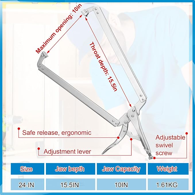 Yexiya 2 Pcs 24 Inch C Clamps Locking Pliers Welding Table Clamps Heavy Duty Locking Pliers Large Opening Adjustable with Grip Swivel Pads Alloy Steel for Woodworking Repair Home Auto Workshop