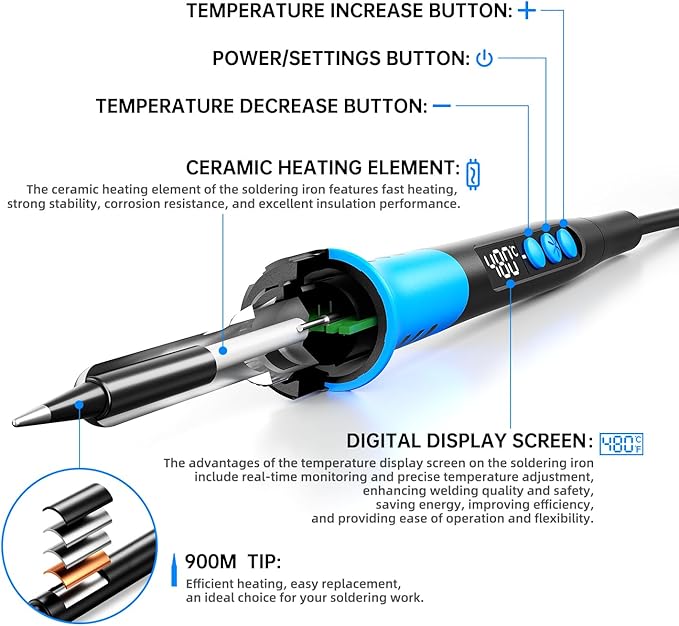 Soldering Iron Kit, 90W 110V LCD digital soldering gun，12-in-1 Soldering Iron Kit Tool，Temperature adjustable from 180-480°C，5 soldering tips，soldering wire，soldering paste，soldering pump