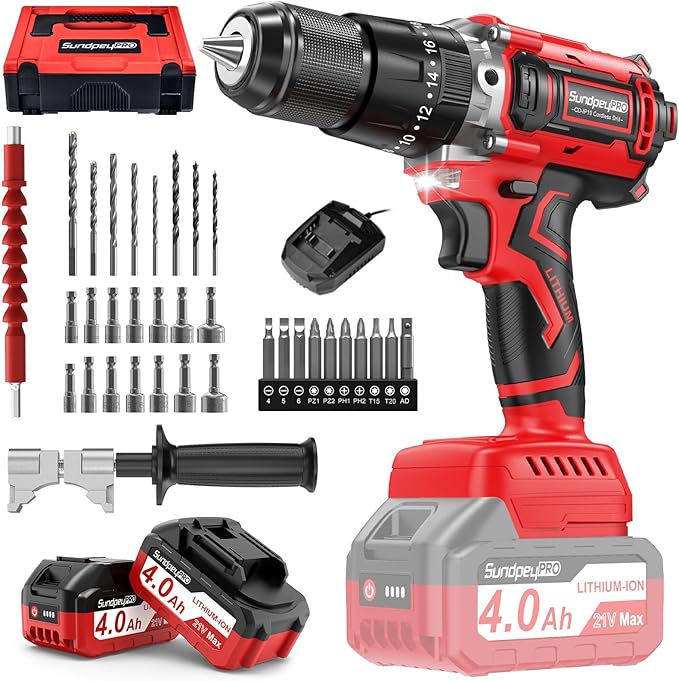 1060In·lbs Cordless Hammer Drill - 21V Brushless Power Drill Set with 2 × 4.0Ah Batteries, 20+3 Torque Settings, 2 Speeds, Fast Charger, 1/2" Metal Chuck for Lightweight-Concrete Wood Metal