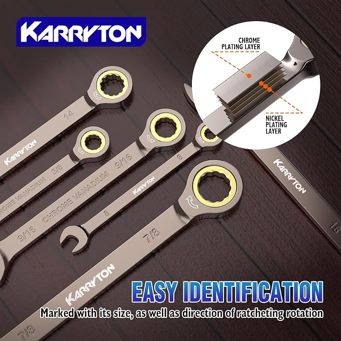 12-Piece Ratcheting Wrench Set (Metric),72 Teeth Ratchet Combination Wrenches Set with Organizer Rack,Cr-V Steel,8-19mm(12PCS),Black Nickel Handle with Golden Ratchet