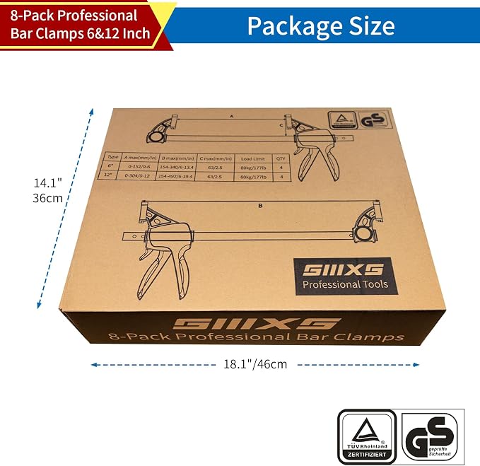 12" and 6" Bar Clamps for Woodworking, 8-Pack One-Handed Wood Clamps/Spreader, Quick-Release F Clamps Set, 177 lbs Load Limit with GS Certificate