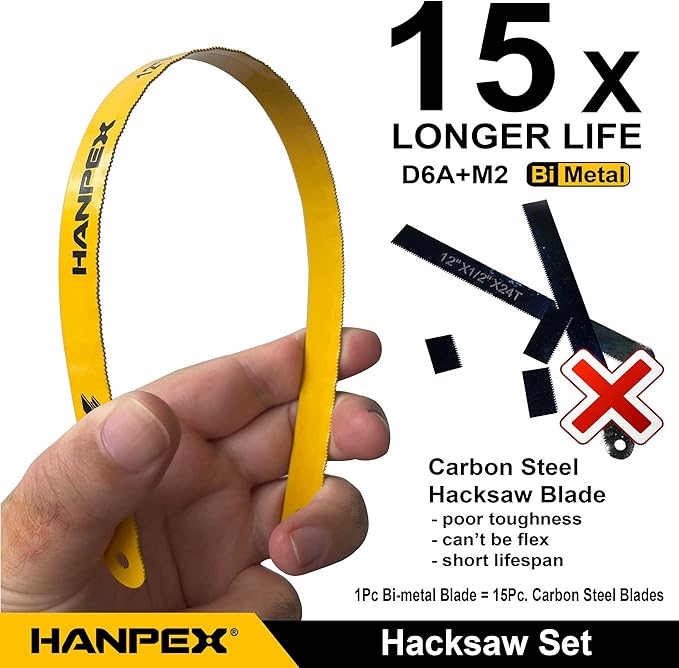 Hanpex 12in. High-Tension Hacksaw Frame with 10pcs Extra Bi-metal Blades, Hand Saw Suitable for Metal, wood, PVC, Carpentry